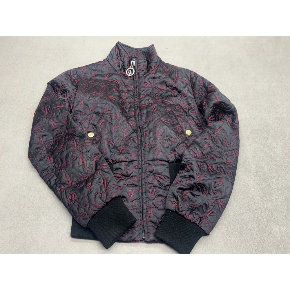 Vintage Baby Phat Quilted Bomber Jacket Black Red All Over Cat Y2K Medium 90s